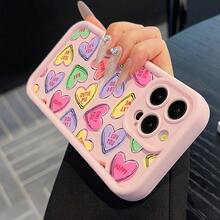 Cartoon Colored Full Screen Heart 2D Printed Pattern Phone Case Compatible With IPhone 17, 16, 15, 14, 13 ProMAX Fashion 11 Soft Edge Back Cover Protective Case Suitable For Samsung Galaxy S22, S23, S24, S25 Plus Ultra Valentine's Day Gift For Boyfriend And Girlfriend - 粉色 - 查看 1
