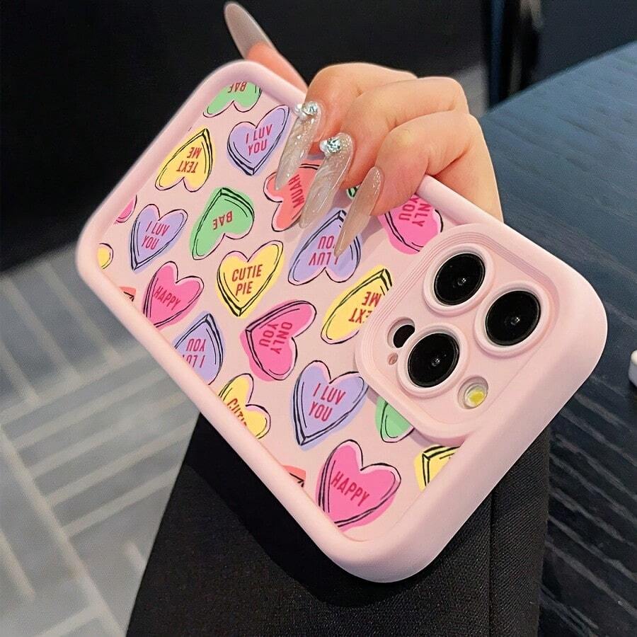 Cartoon Colored Full Screen Heart 2D Printed Pattern Phone Case Compatible With IPhone 17, 16, 15, 14, 13 ProMAX Fashion 11 Soft Edge Back Cover Protective Case Suitable For Samsung Galaxy S22, S23, S24, S25 Plus Ultra Valentine's Day Gift For Boyfriend And Girlfriend - 粉色 - 查看 1