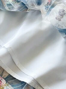 女士3D立体花卉贴花网纱吊带背心，夏季海滩度假风 - 藍色 - 查看 4