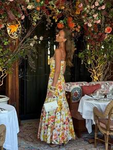 Fashionable Vacation Style Random Print Spaghetti Strap Hollow Out Twist Back Dress - White - View 6