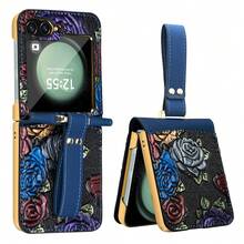 VIETAO High-Quality Electroplated PC Floral Pattern Faux Leather Phone Case, Suitable For Samsung Galaxy Z Flip 3 4 5 6 7 Flip6 Flip5 Flip4 - Blue - View 13