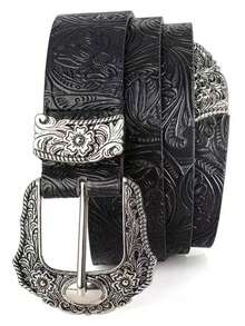 1条波西米亚风黑色仿皮腰带，配复古椭圆形镂空扣，适合搭配连衣裙和休闲装。 - 黑色-B - 查看 1