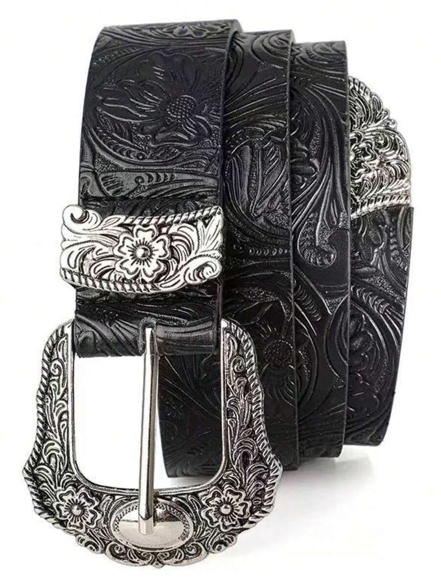 1条波西米亚风黑色仿皮腰带，配复古椭圆形镂空扣，适合搭配连衣裙和休闲装。 - 黑色-B - 查看 1