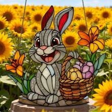 Easter Bunny Stained Glass Window Decor, Acrylic Wall Art, Vintage Religious Theme, Multipurpose Indoor/Outdoor Decorative Sign With Flower Basket And Eggs, Ideal Gift For Friends And Ladies, Home, Office, Bedroom, Living Room - Multicolor - View 6