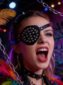 嘉年华服装眼罩 - 创意皮革海盗眼罩，带可调节绑带，哥特式角色扮演道具 - A - 查看 2