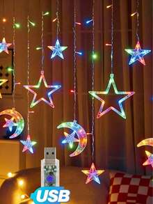 1pc 3.5M 126LED Moon Star Curtain String Lights, Fairy Icicle Lights For Indoor Home Window, Perfect Gift For Valentine's Day Mother's Day Birthday Party Christmas Decoration