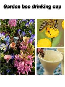 5件套彩色蜜蜂饮水器套装，蜜蜂昆虫饮水杯，带木质底座的彩色蜜蜂饮水站，花园蜜蜂喂食器，适用于户外、花园、阳台、花盆，创意花园装饰，实用园艺工具