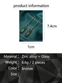 Vintage Bronze-color Long Dangle Earrings With Green Crystal, Purple Crystal, Blue Crystal, Glass Decoration (1pair) - Green - View 4