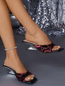 Fashionable Graffiti Open Toe High Heel Sandals, Square Toe Asymmetric Heel Slip-On Mule Shoes For Women - Red - View 7