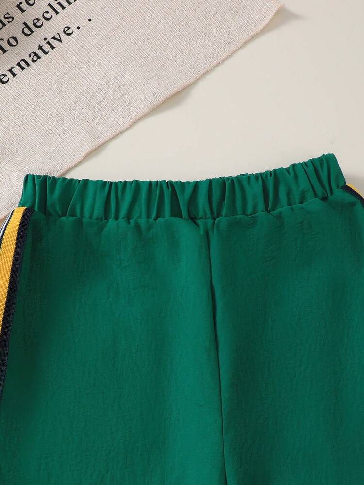 idolCat 女童休闲深绿色长裤，侧边饰有黄色条纹，配有松紧腰带，适合秋季日常穿着。 - 綠色 - 查看 3