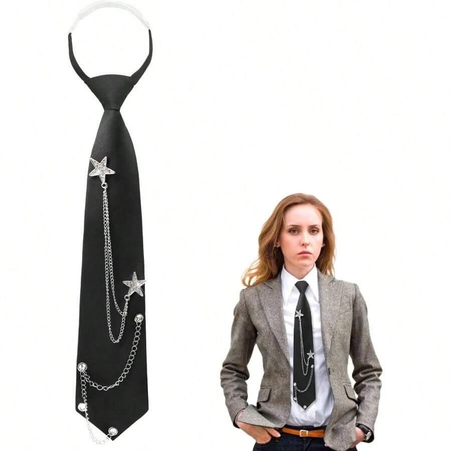 - Corbata negra para mujeres y nias, corbata punk con accesorios de cadena, corbata ajustable preatada para camisa escolar - negro, (Estrella: Negra) - Ver 1
