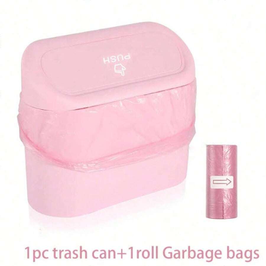 1 Set Car Trash Can With Lid, Side Hanging Garbage Bin With Trash Bag, Cute & Practical Car Trash Can And Trash Bag - Pink - View 1