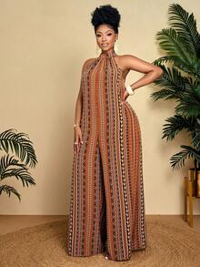 BIUBIU Bộ jumpsuit nữ cỡ lớn không tay, trễ vai, in họa tiết sọc, ống rộng, thích hợp cho kỳ nghỉ, mặc thường ngày và dạo phố (Họa tiết ngẫu nhiên) - Màu nâu - Xem 6