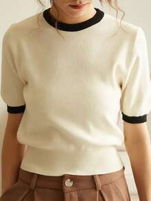 Knit Mix 优雅女士春夏时尚日常休闲法式罗纹饰边短袖撞色针织衫，简约复古春夏风格，返校季春夏女装，情人节女装 - 米色 - 查看 3