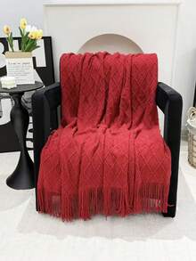 1 Diamond Grid Textured Knit Throw Blanket, Soft And Comfortable, Suitable For All Seasons, Suitable For Sofa, End Of Bed, Travel, Home Decor - Mixed Color Geometric Pattern, Acrylic Fabric - 菱形巾酒紅 - 查看 3