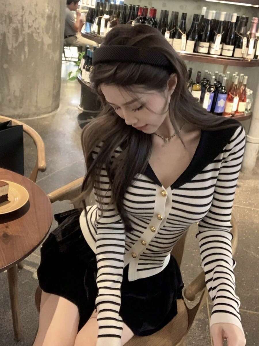 女士法式条纹长袖针织开衫，修身秋季毛衣上衣 白色 - 白色 - 查看 1