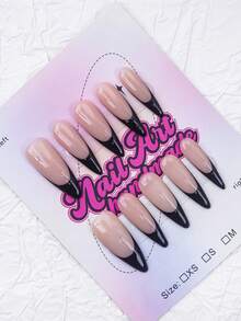 10片杏仁形手工猫眼美甲贴片，Y2K 坏女孩风格，裸粉色法式边美甲贴片，雕刻图案，水滴，仿珍珠，金属珠，海星元素，手工美甲装饰，适合女性和女孩，包含工具包，女士美甲用品的绝佳礼物 - 黑色 - 查看 2