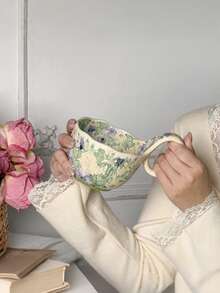1 tasse en céramique de 450 ml avec anse florale, grande capacité, tasse petit-déjeuner, convient pour les desserts, le lait, la bouillie d'avoine, usage domestique polyvalent - Multicolore - Voir 4