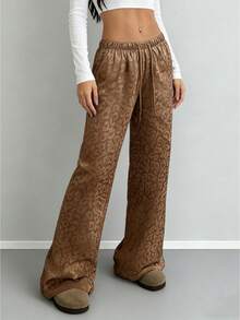 Pantalones anchos con estampado de leopardo para mujer, cintura alta elástica, estilo Y2k, holgados - Marrón - Ver 1
