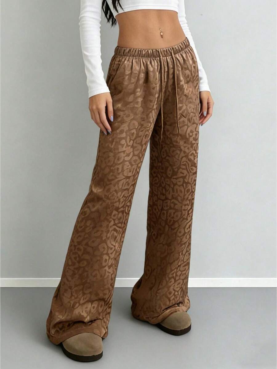 Pantalones anchos con estampado de leopardo para mujer, cintura alta elástica, estilo Y2k, holgados - Marrón - Ver 1