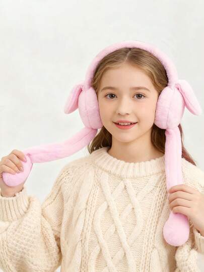 1pc Kids Solid Color Cute Rabbit Ear Moving Earmuffs, Warm Ear Protection Funny Creative Earmuffs For Autumn/Winter, Suitable For Girls Daily Wear, Outdoor, Back To School, Friends New Year Gift