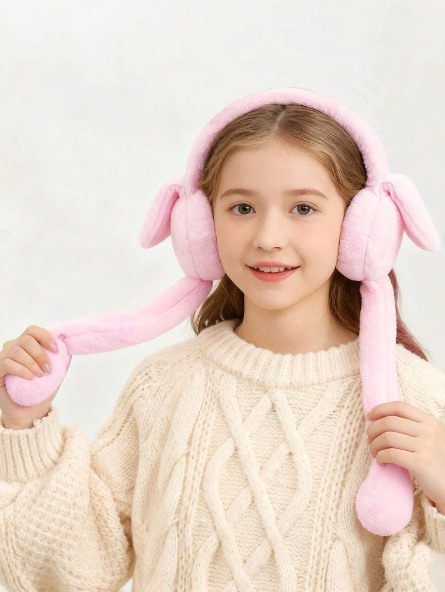 1pc Kids Solid Color Cute Rabbit Ear Moving Earmuffs, Warm Ear Protection Funny Creative Earmuffs For Autumn/Winter, Suitable For Girls Daily Wear, Outdoor, Back To School, Friends New Year Gift