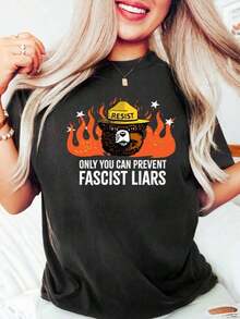 2026 Summer TopsOnly You Can Prevent Fescism Shirt, Trrmp Progressive Liberal Funny Political Gift Oversized Graphic Tees For Women,100% Cotton Womens Oversized Printed Graphic T-Shirts Women Casual Round Neck Short Sleeve Tee 1pcs Fashion Shirt, Halloween Gift, Xmas GiftLoose And Comfortableshirt - 黑色008 - 查看 1