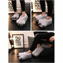 Unisex Paw Claw Slippers Funny Animal Plush Costume Shoes Plush Fuzzy Warm Home House Shoes Slipper Indoor - 大號 + 灰色 - 查看 2