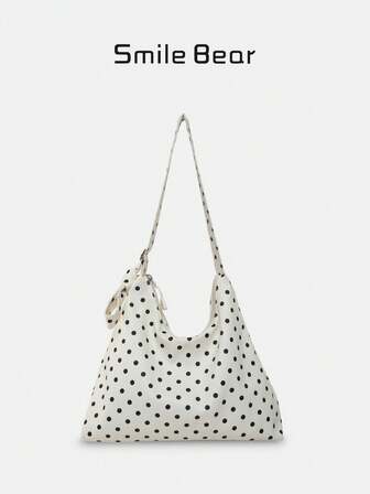Women's Sling Bag - Fashionable Polka Dot Crescent Shaped Fabric Tote