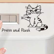 1pc Cute Cartoon Cat Toilet Sticker, "Press To Flush" Decorative Bathroom Toilet & Bathtub Self-Adhesive Wall Decal, Suitable For Glass, Tile And Smooth Walls, Can Cover Flaws And Seal, No Ironing Needed, Decorative, Vibrant Colors, Unique Ideal Gift, Easy DIY, Bathroom Wall Sticker - Multicolor - View 3
