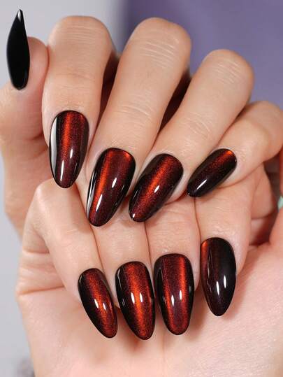 30pcs Red Minimalist Almond Shaped Nail Stickers, Elegant Cat Eye Design, Medium Almond Artificial Nails, Full Coverage Smooth Fake Nails, Nail Art Products For Women & Girls