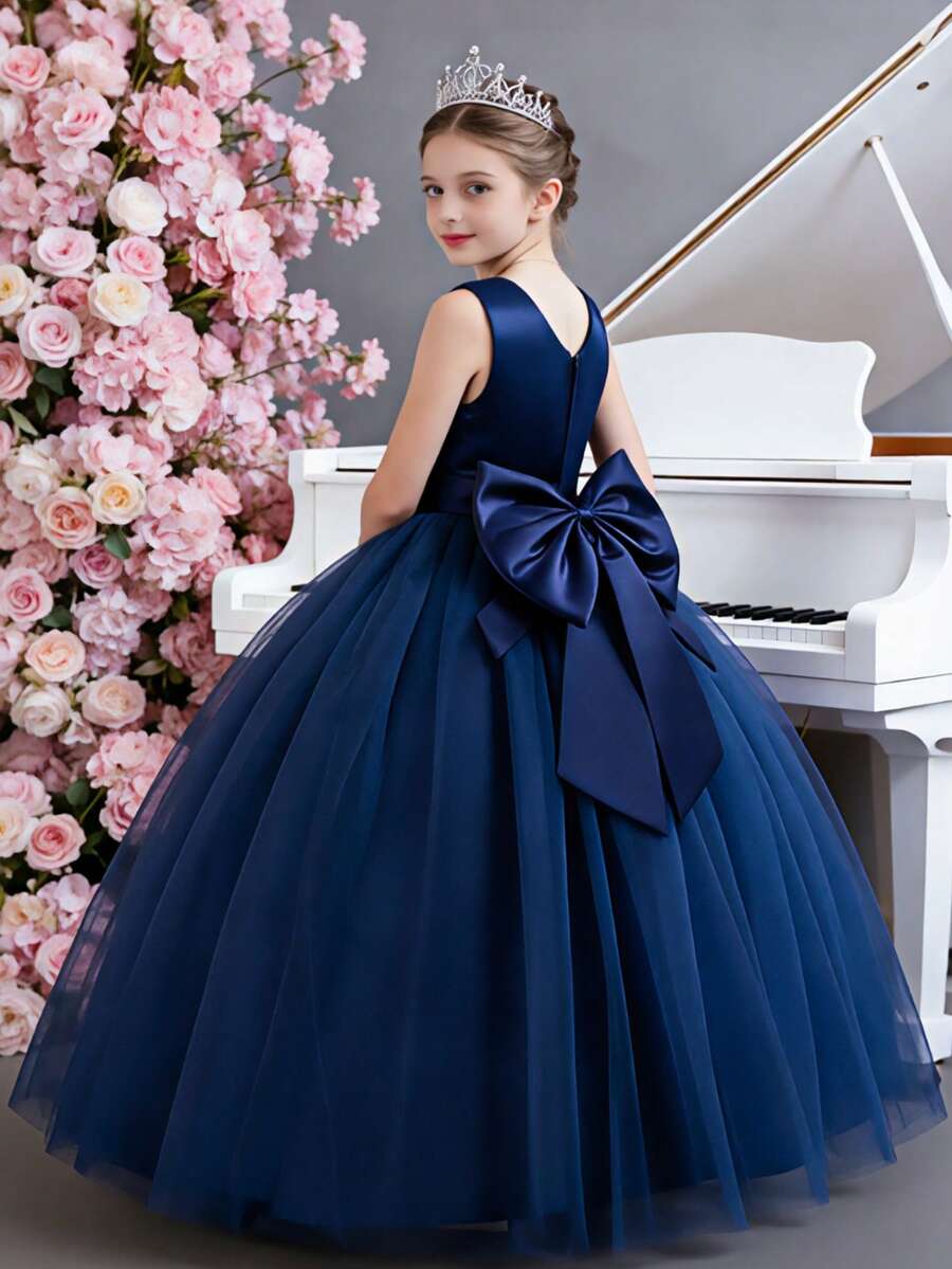 Girls' Sleeveless Long Princess Dress With Big Bow, Suitable For Birthday, Runway, Wedding, Party, Performance (Please Refer To The Size Chart In The Product Details To Select The Size)