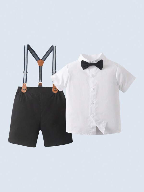 BOARNSEORL 2pcs Young Boys Gentleman Outfit - Red Suspender Pants And White Shirt With Bow Tie, Suitable For Holidays, Weddings, Christmas Parties, New Year Celebrations, Birthday And Baby Shower