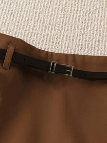 Conjunto de shorts de unicolor para mujer talla grande con cinturón elegante, adecuado para el trabajo, viajes, fiestas, uso diario, verano - Marrón - Ver 4