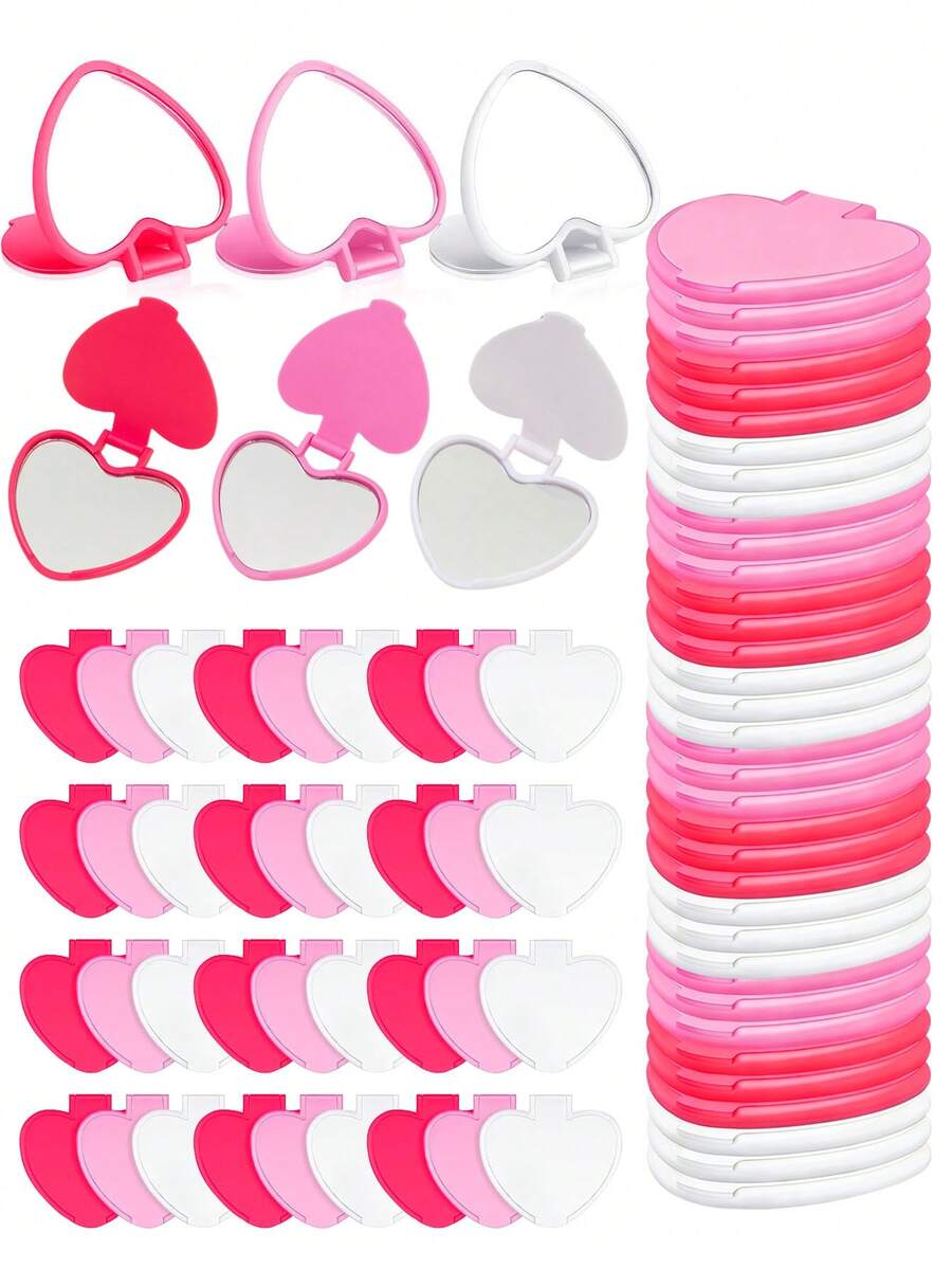 36/18/9/3pcs Heart-Shaped Portable Folding Makeup Mirror (White/Pink/Fuchsia), Mini Compact Mirror; Bridal Decor, Valentine's Day Guest Favor, Compact Mirror For Makeup Touch-Ups, Bath Party Gift, Single's Party Gift Set - Multicolor - View 1