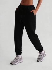 Women's Black Elastic Waist Drawstring Jogger Pants - Casual Loose Cuffed Sweatpants - Black - View 2