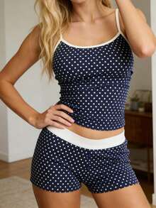 Women's Dot Pajama Set Fashionable Summer Slim Fit Tank Tops With Shorts 2Pcs Soft Sleepwear Women's Polka Dot Cami  Short Pajama Set - 2-Piece Soft Sleepwear  Loungewear(Navy Blue, S-L) - 藍色 - 查看 3