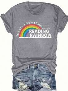 Women's T-Shirt Fitted Tops Print Y2K Crew Neck Tee-Plus Size - Women'S Red T-Shirt - Reading Rainbow Graphic Tee With Book Design - Casual Everyday Shirt For Teachers, Book Lovers - Valentine'S Day & Back To Outfits - Soft Everyday Top, Teacher Apparel, Playful Design, Comfortable Fit-Summer Festival Fashion,  Adult Heavyweight T-Shirt - 灰色 - 查看 9