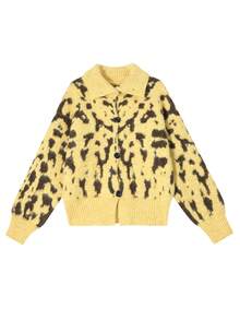 Fashionable High Collar Long Fur Knitted Sweater, Slouchy, Warm Leopard Print Cardigan, Random Fabric - Yellow - View 2