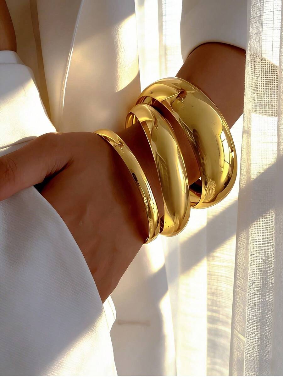 Set de 3 piezas de brazaletes de estilo retro y exagerado con acabado metálico liso, pulsera de estilo minimalista y de alta gama, adecuado para mujeres, hombres, parejas, vacaciones, casual, fiesta, citas, regalos de cumpleaños, accesorio versátil - Amarillo Oro - Ver 1