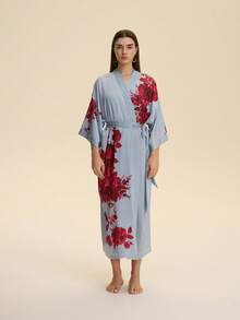 Chinese Style Retro New Chinese Improved Hanfu Fashion Bohemian Elegant Mid-Length Kimono Cover Up Robe Casual Homewear Tie-Waist Bathrobe Sleepwear Thin Outerwear Summer Beach Vacation Sexy Bikini Cover-Up Swimsuit Coverup - Grey - View 4