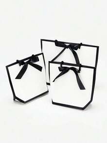 Simple Black & White Bow Decor Gift Tote Bag, Large Capacity White Paper Shopping Bag, Solid Color Shopping Bag, Small Business Supplies, Father's Day, Mother's Day, Back To School, Summer Wedding, Birthday Gift, Premium Gift Bag, Quality & Affordable, Wedding Favor, Elegant Gift Bag For Friends And Family - Multicolor - View 4