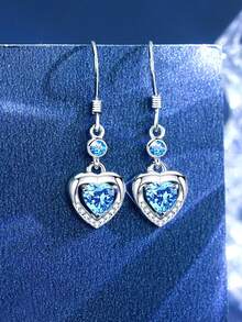 1 Pair 925 Sterling Silver Blue Heart Shape Earrings, Fresh And Sweet Elegant, Fashionable Tassel Ear Hooks, Versatile Everyday Mori Style Earrings, Gift - Love - View 10