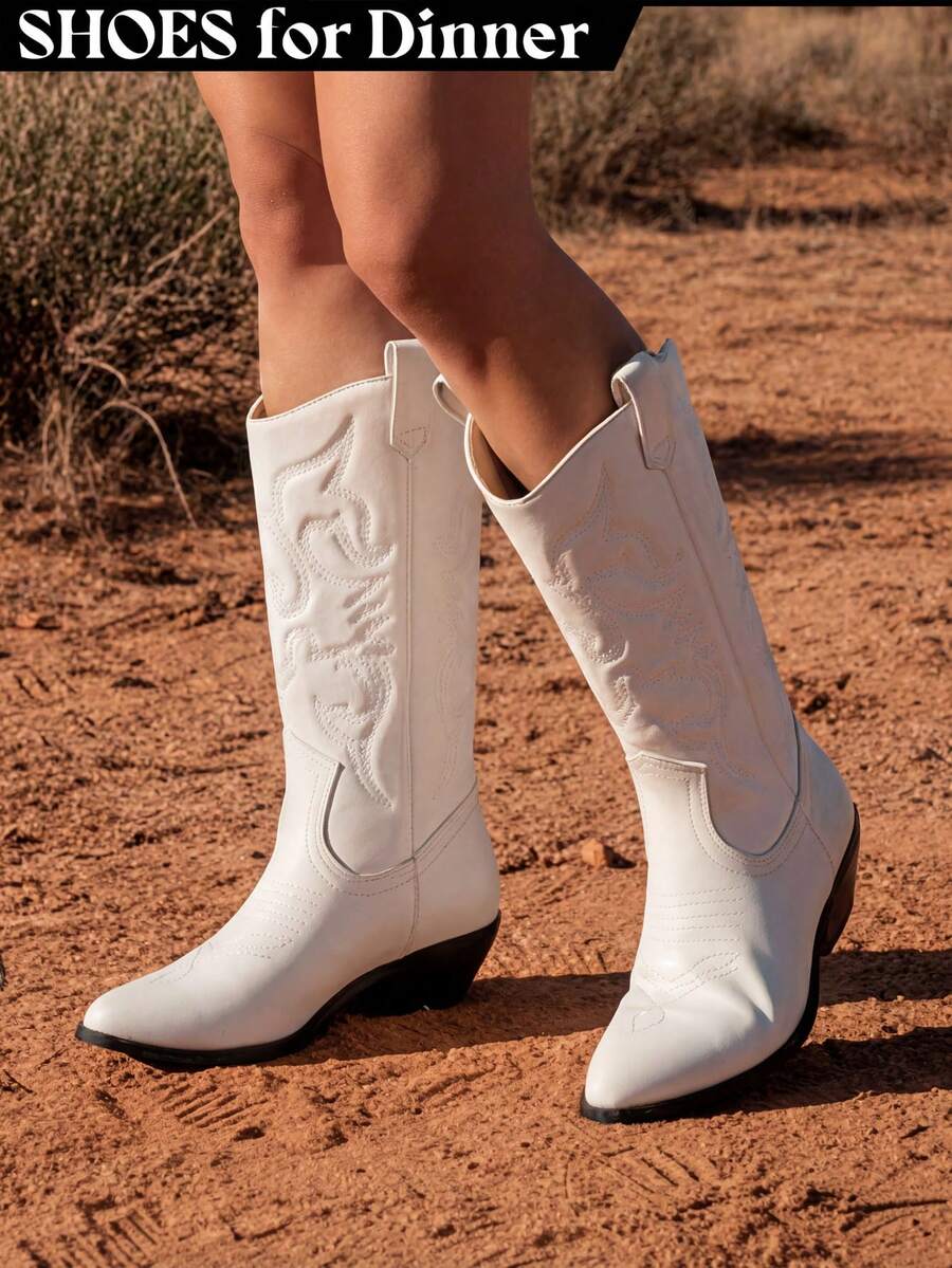 White Faux Leather Women's Embroidered Cowgirl Boots For Outdoor Music Festival Black White Brown Mid-Calf Pull-On Block Heel - trắng - Xem 1