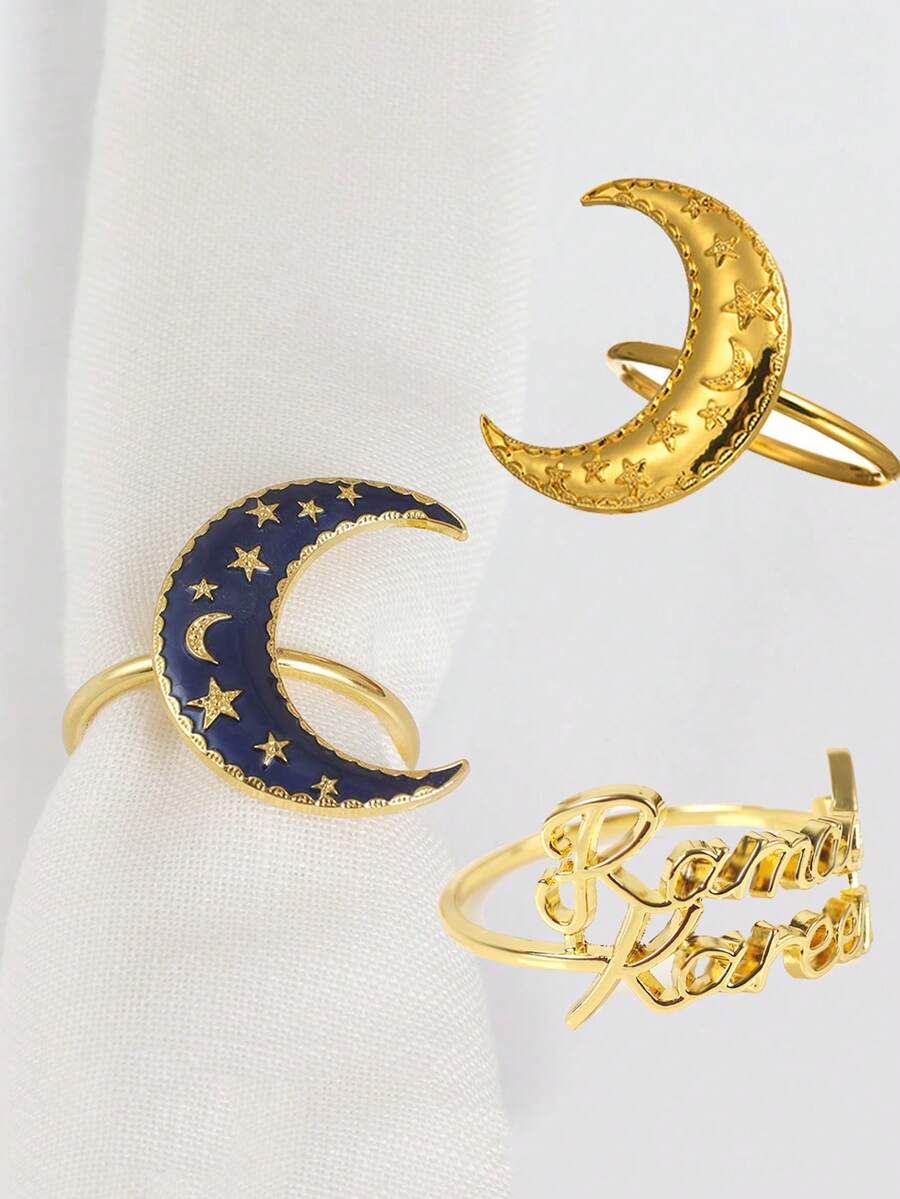 4pcs Metal Star & Moon Napkin Rings, Metallic Table Decor, Suitable For Eid, Ramadan, Islamic Parties, Banquets, Restaurants, Home Kitchens - Universal Holiday Decoration - Multicolor - View 1