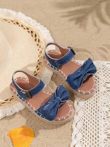 1 Pair Girls' Denim Minimalist Fashion Woven Bottom Open Toe Summer Flat Sandals - Blue - View 2