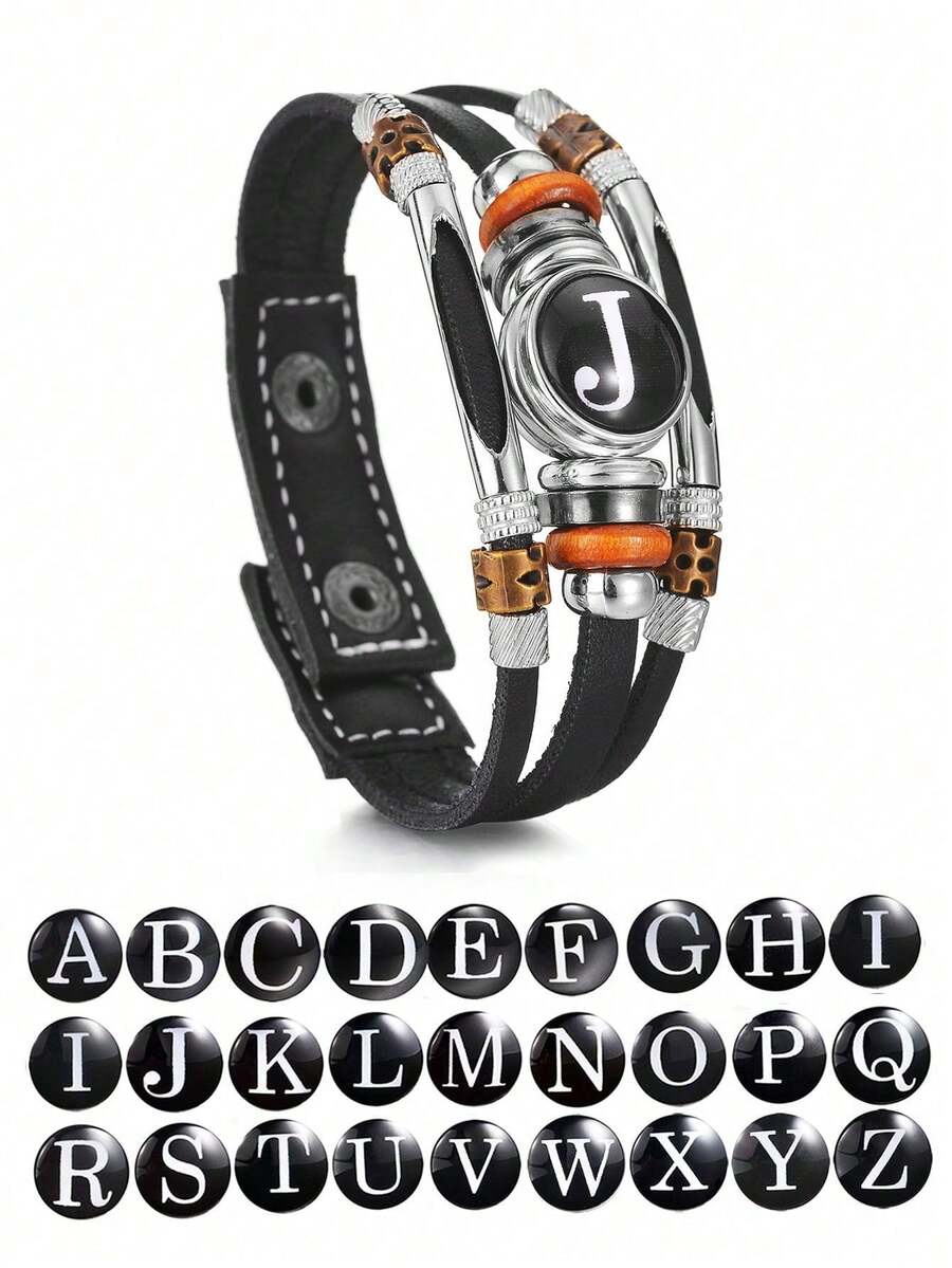 1pc Fashionable 26 English Letter Leather Bracelet, Handmade Adjustable Braided Bracelet For Men - Black - View 1