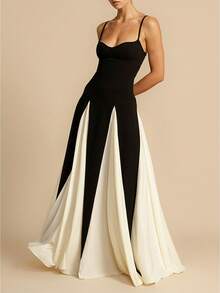 Women Spaghetti Strap Dress Contrast Color Flowy Hem Sweetheart Neck Sleeveless Backless Cami Long Dresses - 黑色 - 查看 1
