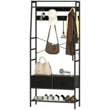 Coat Rack, Clothes Stand With Shoe Rack, 2 Fabric Drawers, Wardrobe With 8 Hooks, Shelf, Jacket Stand With Anti-Tip Device, For Entrance Area, Hallway, Bedroom, Black - 黑色 - 查看 8