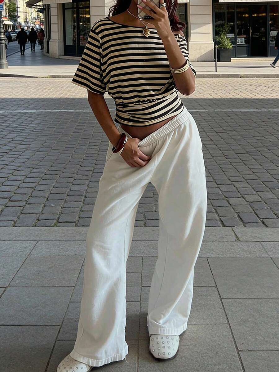 HoloChill Women's Fashionable Casual Striped Contrast Color Short Sleeve Pullover Knit T-Shirt, Waist Ruched Slimming, Versatile Spring/Summer Tops - Black - View 1
